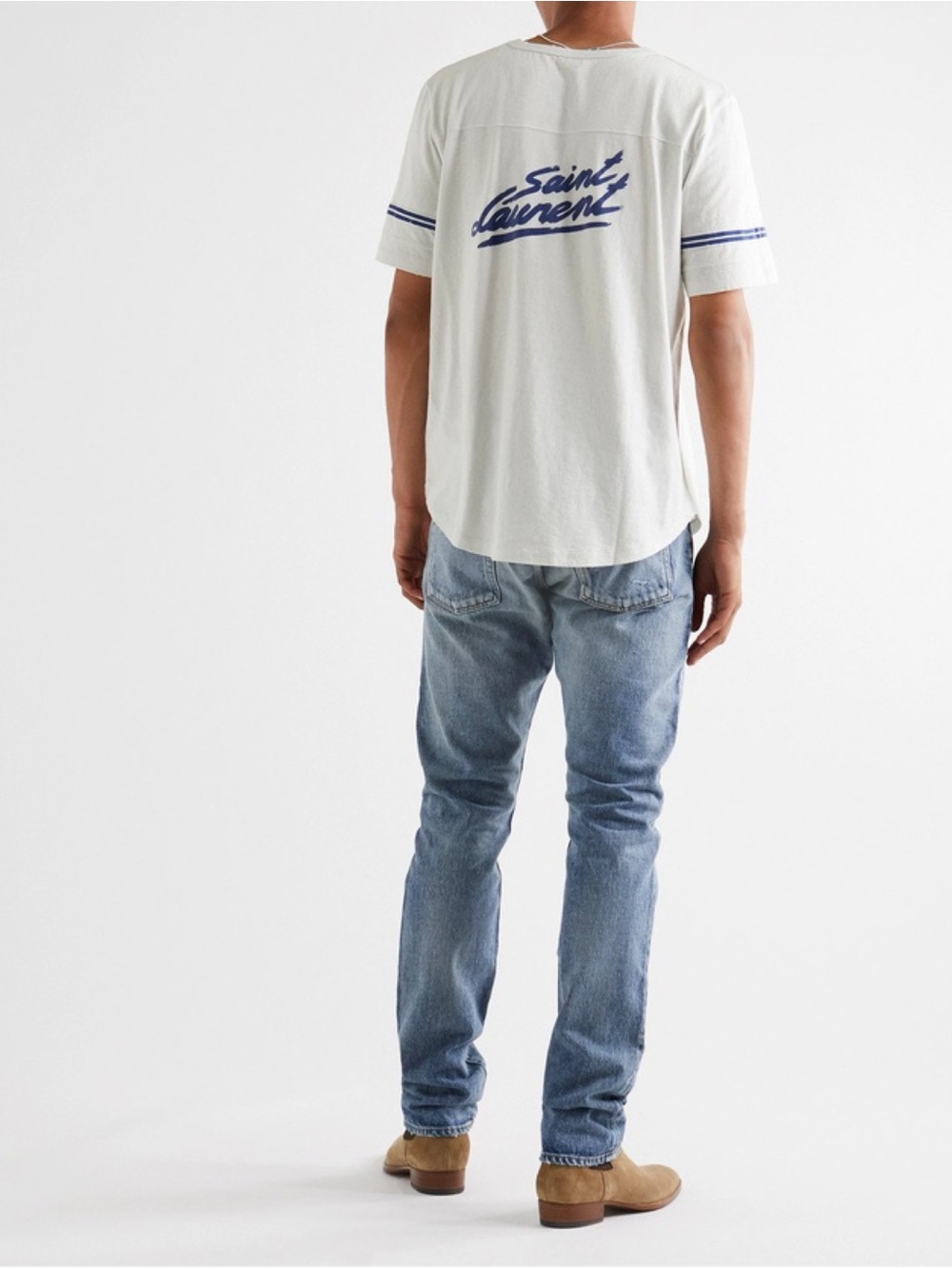Authenic Saint Laurent Logo Flocked Stripe-Trimmed Distressed Cotton T-shirt M